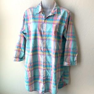 Ralph Lauren Sleep/Night Shirt oversized pink blue plaid Roll Cuff sleeve Medium
